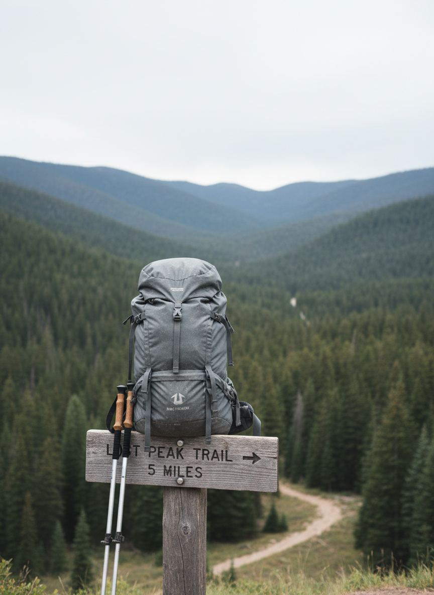 A well-used graphite-gray backpacking pack resting upright on a weathered wooden trailhead signpost, its ripstop nylon fabric showing subtle creases and dust from previous trips. Two trekking poles lean against the post, tips muddy and handles wrapped in textured cork. In the background, a forested mountain valley stretches out under a soft overcast sky, with the trail disappearing into dense pine trees. Diffused natural light softens colors, creating a calm, inviting atmosphere. Shot at eye level with a moderate depth of field so the pack and sign are crisp while the distant landscape gently blurs. The photographic realism and clean, professional composition suggest practical outdoor adventure and trustworthy expertise.