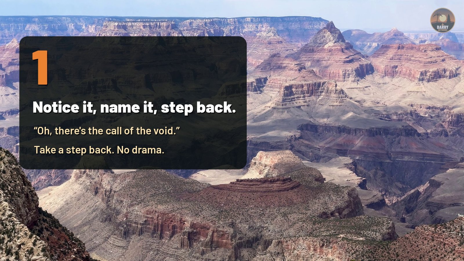 Infographic over a Grand Canyon overlook: Tip 1, notice it, name it, step back. No drama.